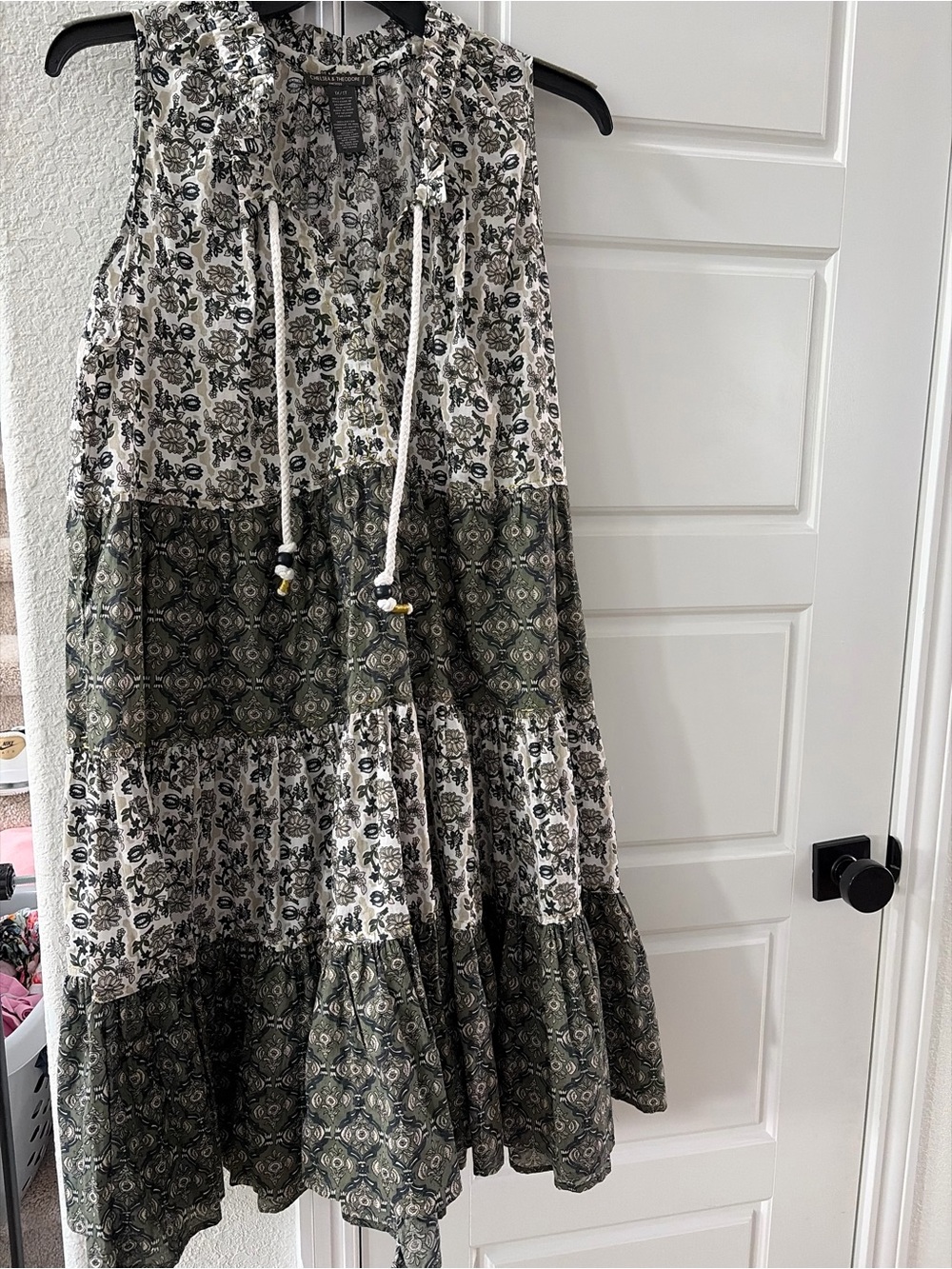 Chelsea & Theodore Olive and Ivory Tiered Maxi Dress